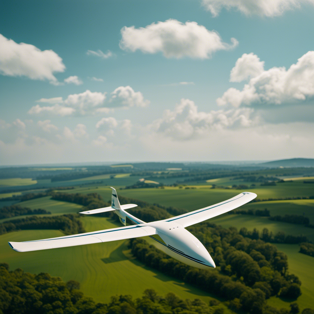 An image showcasing a serene glider soaring gracefully amidst a clear blue sky, with a panoramic view of lush green landscapes below