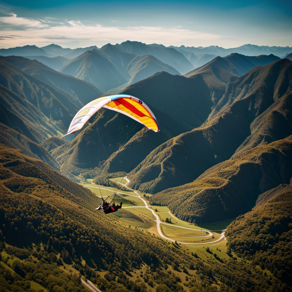 An image that captures the heart-pounding thrill of hang gliding: a panoramic view from high above, showcasing a fearless hang glider soaring amidst a backdrop of majestic mountains, with adrenaline-filled expressions on their face