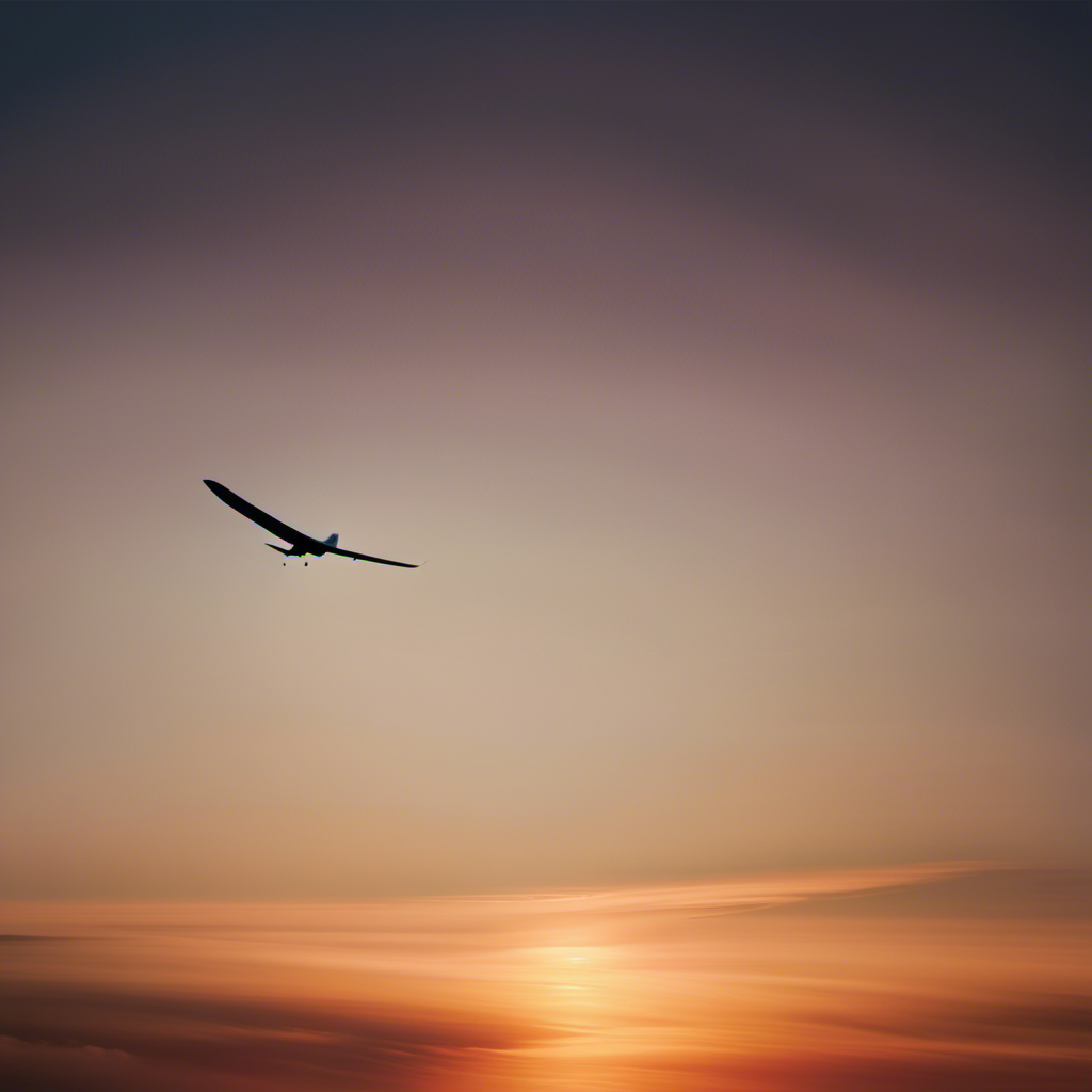An image showcasing a serene sunset backdrop with a silhouette of a glider soaring effortlessly through the sky, displaying perfect balance and optimal wing positioning for extended flight duration