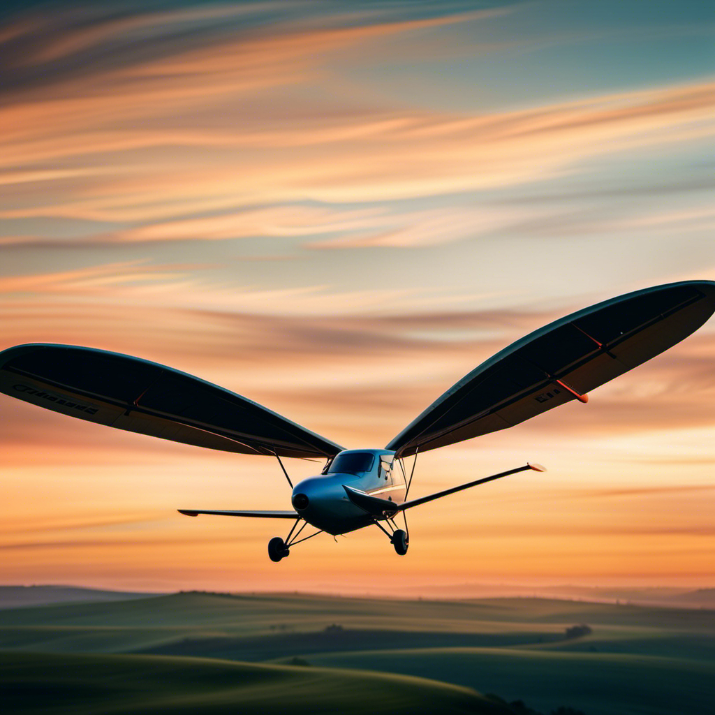 An image capturing a serene sunset over rolling hills, where a glider gracefully soars through the sky, its wings painted in vibrant colors, conveying the thrilling experience of being a glider pilot