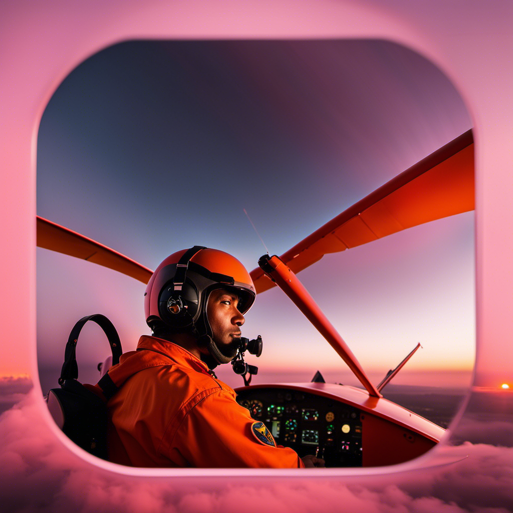 An image showcasing a serene sky painted in vibrant hues of orange and pink at dusk, with a professional pilot wearing a flight suit confidently seated in the cockpit of a glider tow plane, ready for takeoff