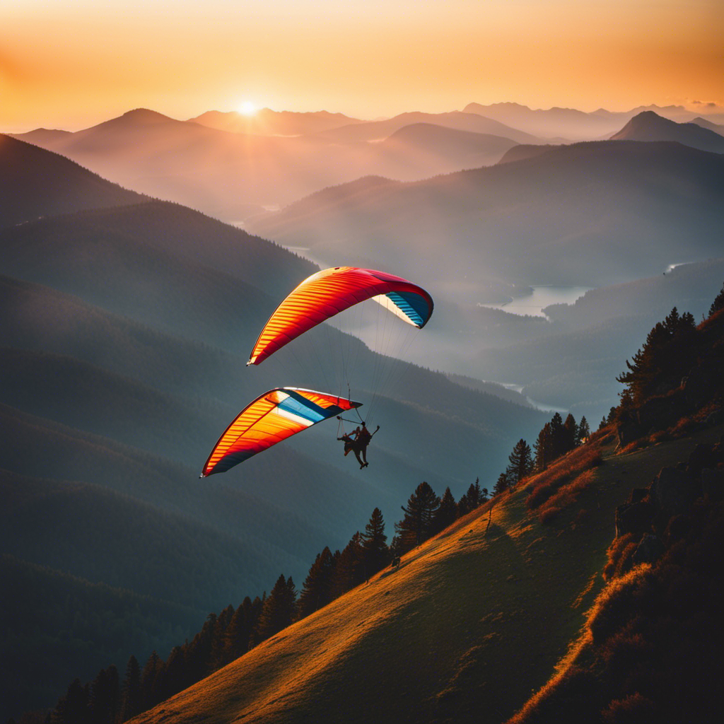 An image depicting a breathtaking sunset over a mountain range, with a skilled hang glider pilot gracefully soaring through the vibrant sky, surrounded by the awe-inspiring beauty of nature