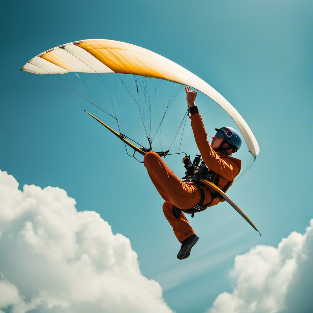 An image capturing a vibrant glider soaring gracefully through the cerulean sky, piloted by a focused student with a determined expression