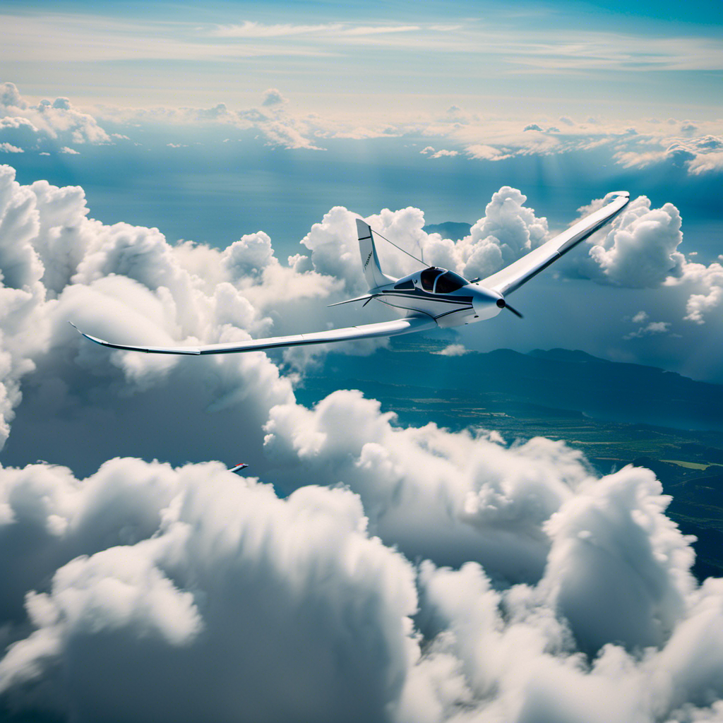 An image showcasing a serene blue sky with a glider gracefully soaring through fluffy white clouds, highlighting the intricate control surfaces, cockpit, and the pilot's focused expression, while conveying the exhilarating freedom of glider flying
