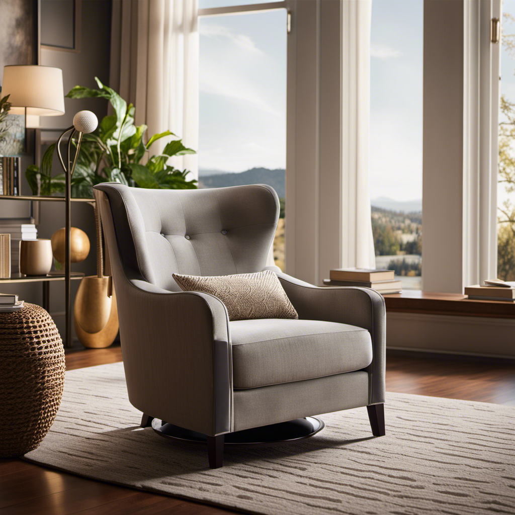 An image showcasing a cozy living room with a sleek, affordable glider chair nestled next to a window