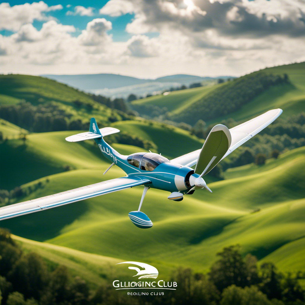 An image showcasing a sunny blue sky with scattered white clouds, capturing a picturesque glider soaring gracefully amidst rolling green hills