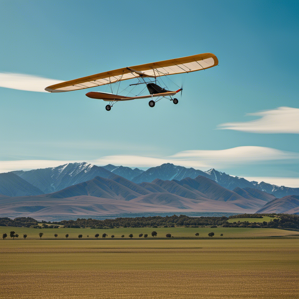 An image featuring a picturesque landscape with mountains in the background, a clear blue sky, and a vibrant glider soaring gracefully through the air above an airfield, enticing readers to discover nearby soaring clubs
