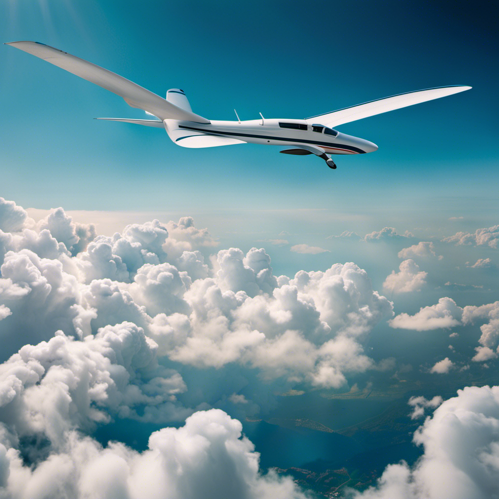 An image that captures the essence of gliding: a serene, blue sky with fluffy white clouds, a sleek glider soaring gracefully above, its wings spread wide, while a novice pilot, hands gripping the controls, wears a focused expression