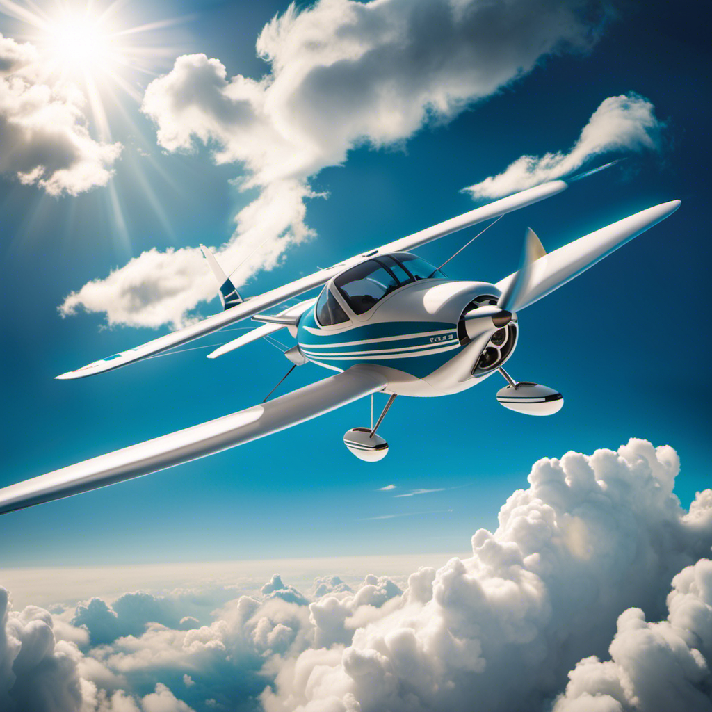 An image showcasing a serene blue sky with fluffy white clouds, a sleek glider gracefully soaring through the air, its wings glinting in the sunlight, and a skilled pilot confidently maneuvering the controls