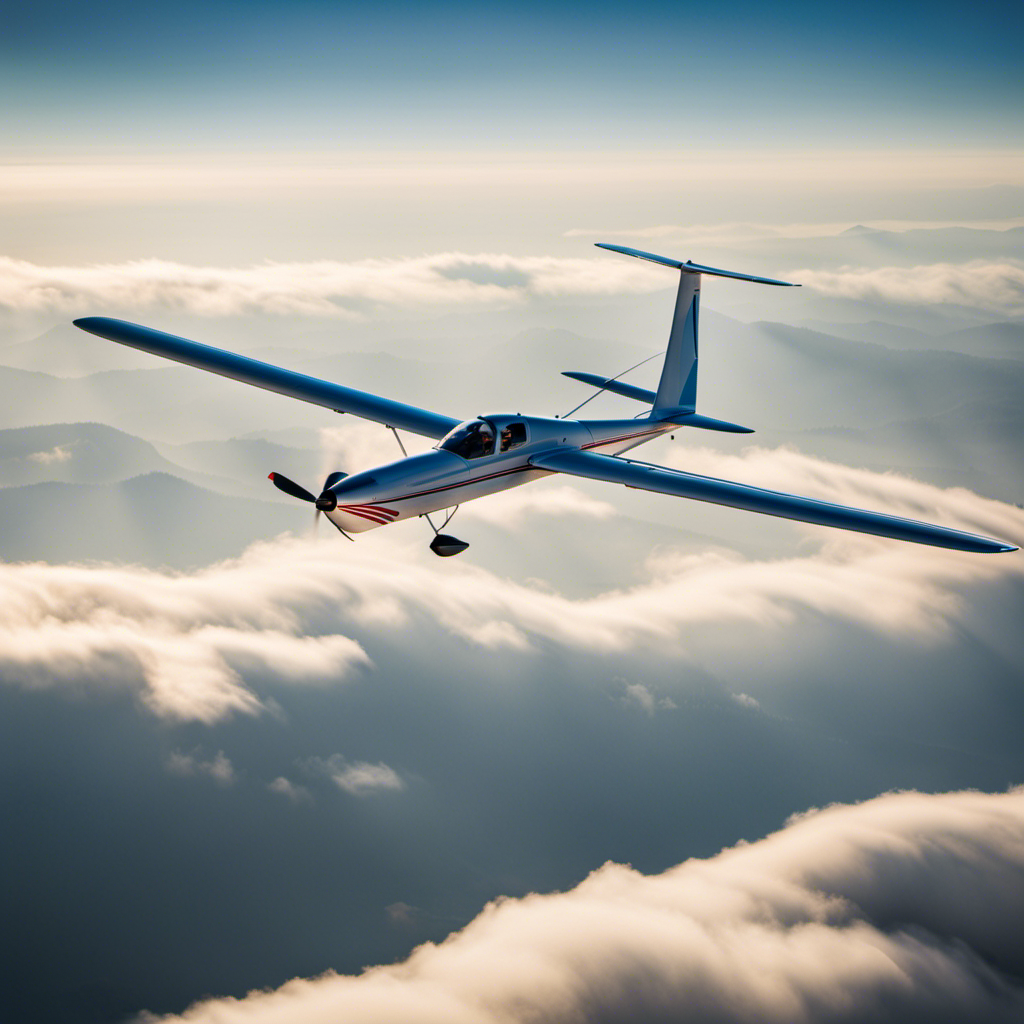 An image of a graceful sailplane soaring through a cloudless sky, its sleek wings slicing through the air as the pilot expertly maneuvers through thermals, capturing the serenity and thrill of gliding effortlessly through the heavens