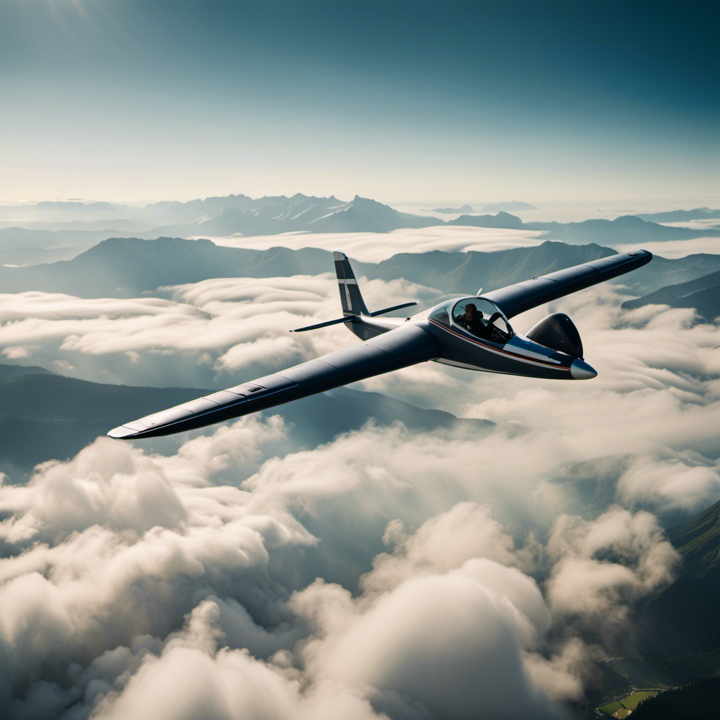 An image showing a glider soaring gracefully through the clouds, with a pilot in the cockpit wearing an FAA-approved flight suit, surrounded by a panoramic view of serene landscapes and mountains