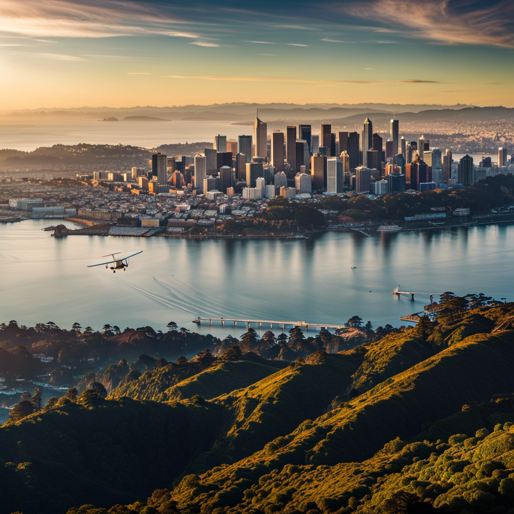 An image capturing the picturesque Bay Area skyline as a glider soars gracefully above, showcasing the region's breathtaking landscapes, mountain ranges, and pristine coastal views, enticing readers to discover the secrets of obtaining a Glider Pilot License