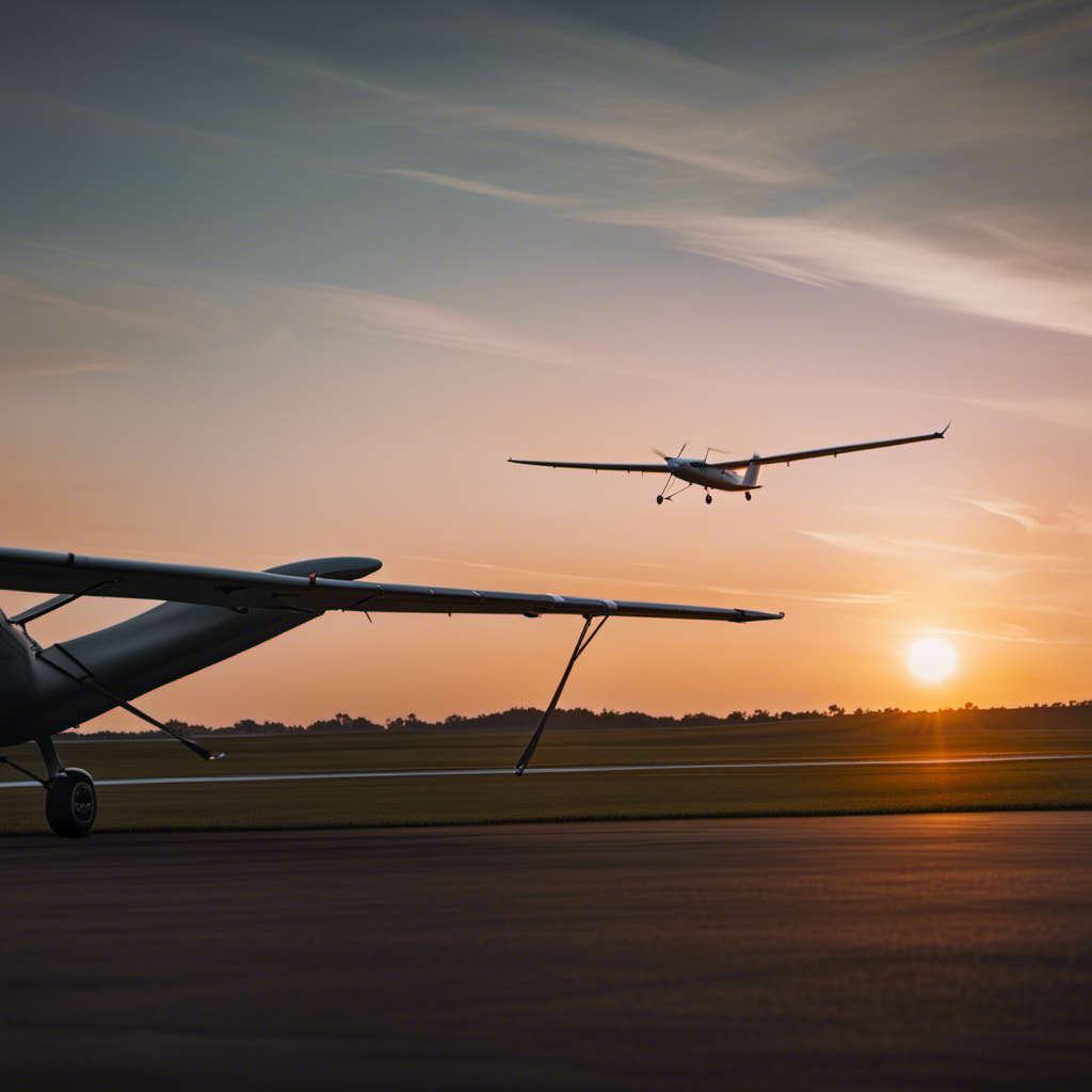 An image showcasing a serene sunset backdrop over a vast airfield, while a glider soars majestically through the sky, accentuating the exhilarating experience of earning a Glider Pilot License
