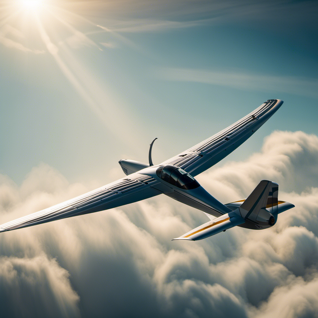 An image showcasing a sunlit glider soaring gracefully through a cloud-dotted sky, with a skilled pilot operating the controls