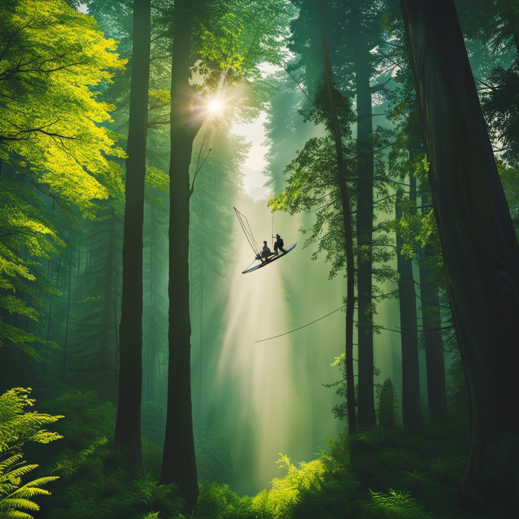 An image capturing a serene forest scene, where a daring adventurer effortlessly ascends a towering tree using a Steamwheedle Glider Pilot