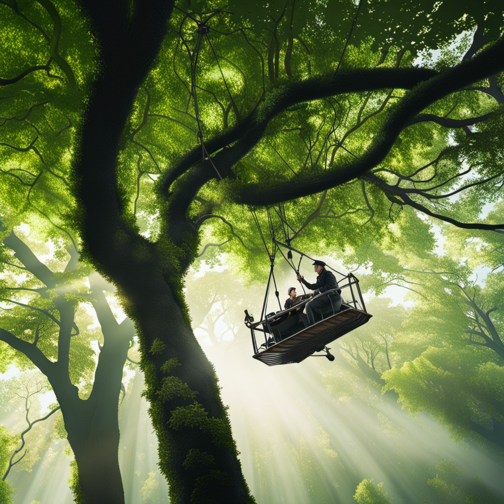 An image of a serene forest scene with a towering tree adorned with lush green foliage