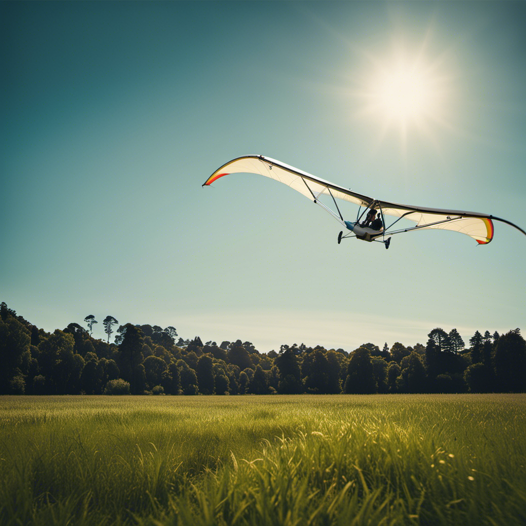 An image showcasing a clear blue sky with a motorized hang glider positioned on a grassy field