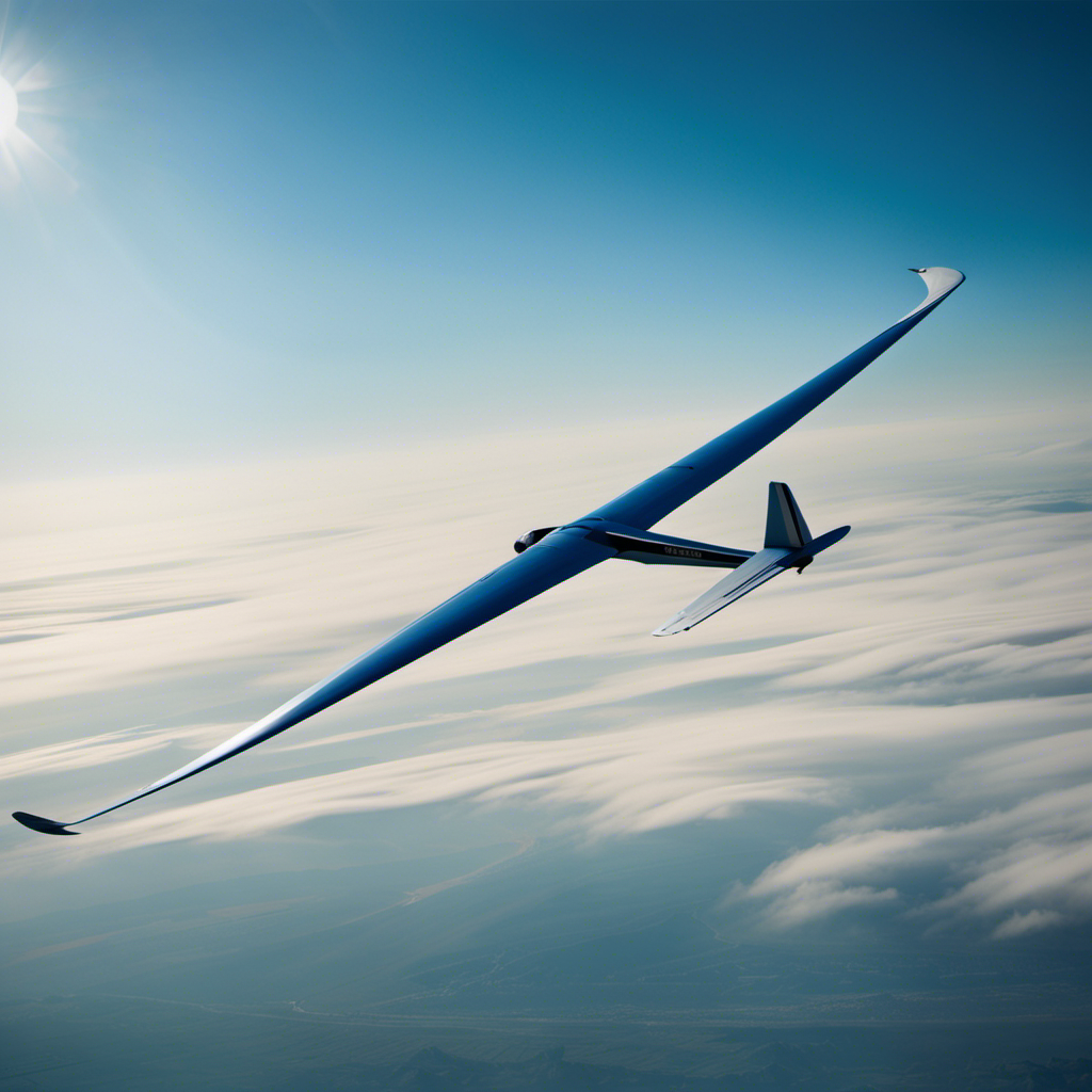 An image showcasing a serene blue sky with wispy clouds, capturing the graceful silhouette of a glider soaring effortlessly through the air