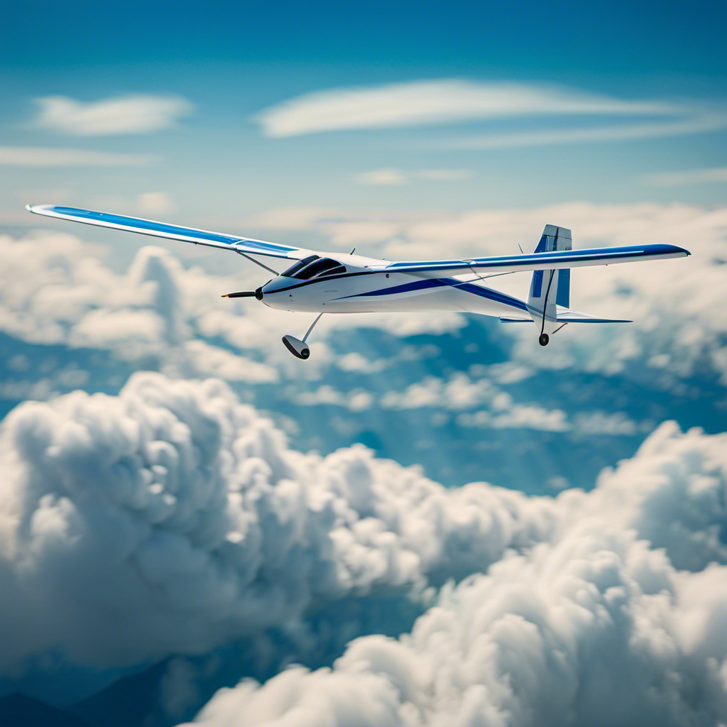 An image capturing a serene landscape with a vivid blue sky and fluffy white clouds, where a sleek glider gracefully soars amidst the thermals, its wings elegantly arched, and the pilot's focused gaze fixed on the horizon