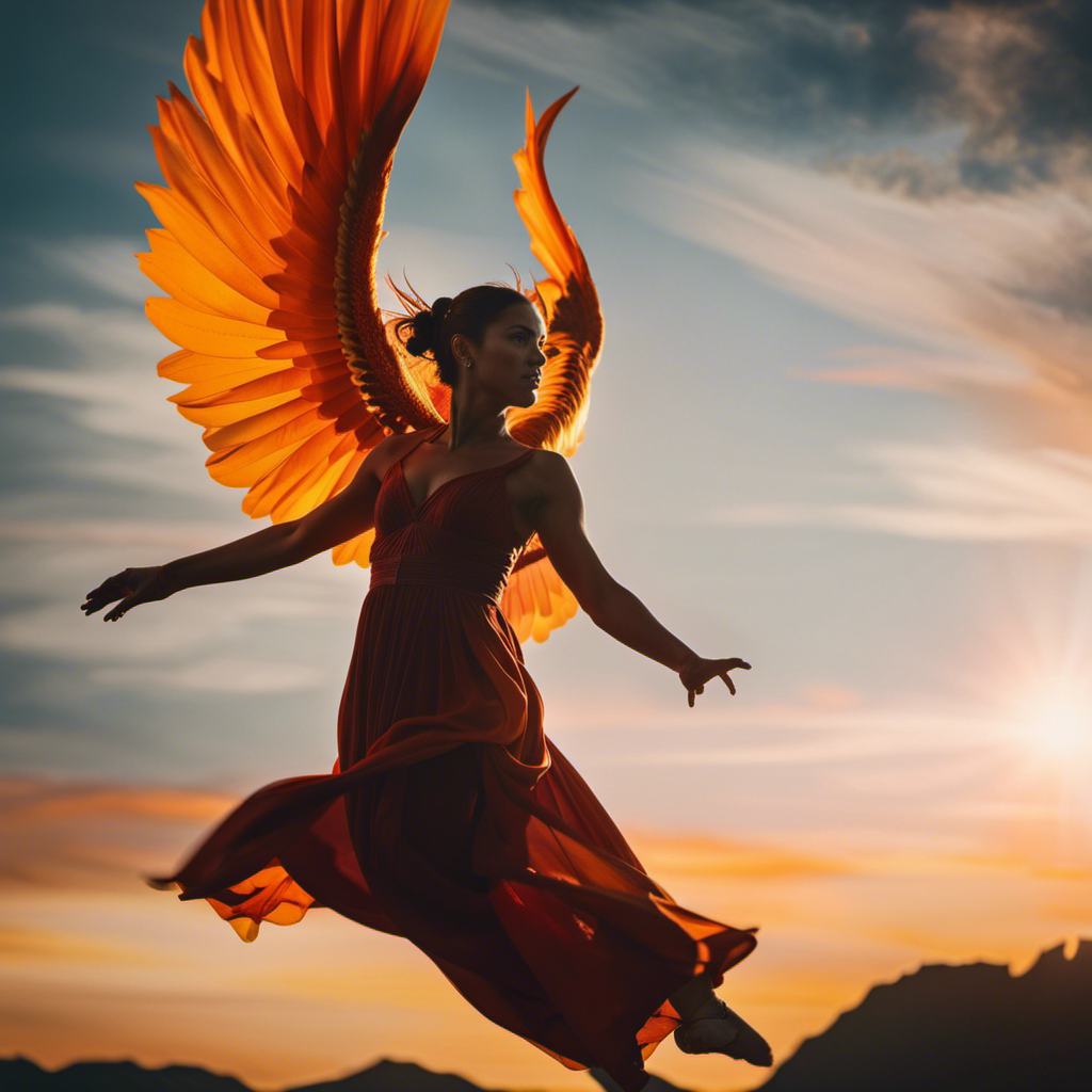 An image capturing the awe-inspiring moment of a human suspended mid-air, gracefully soaring through the sky with outstretched wings, as the vibrant sunset paints the clouds with hues of fiery orange and golden yellow