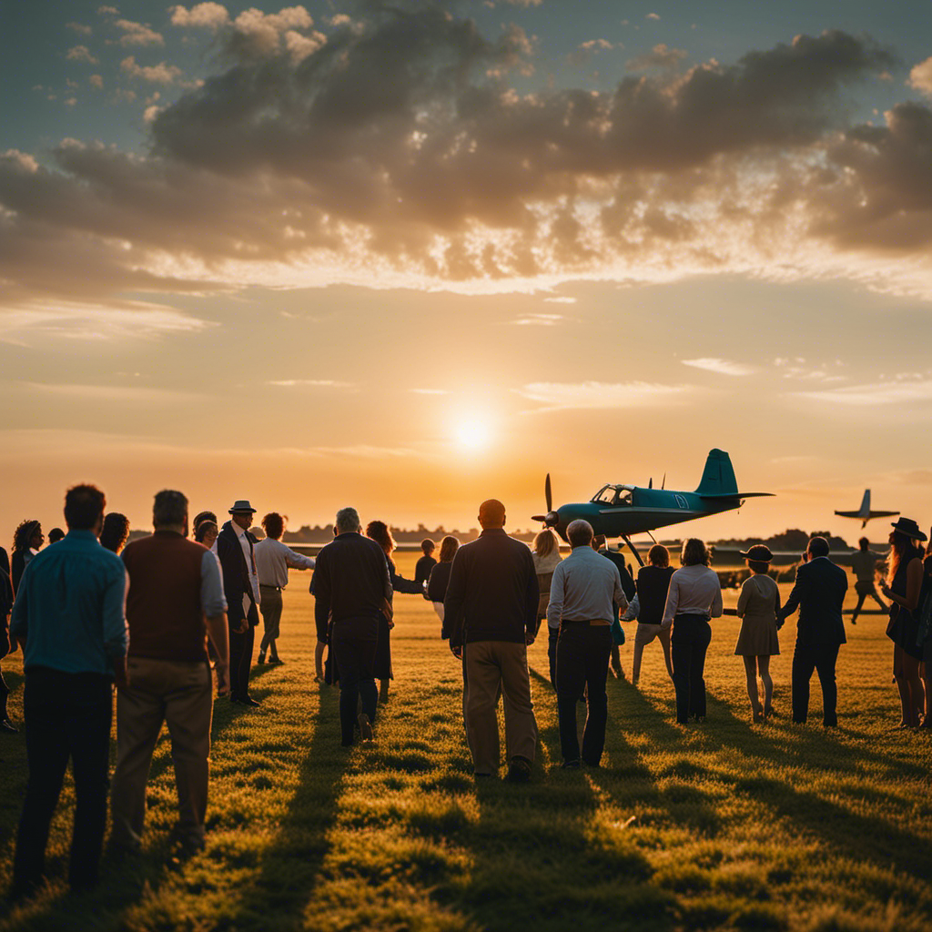 An image showcasing a vibrant sunset over a grassy airfield, with a small vintage airplane taking off into the sky, surrounded by a group of passionate individuals eagerly watching and cheering, their faces filled with excitement and determination