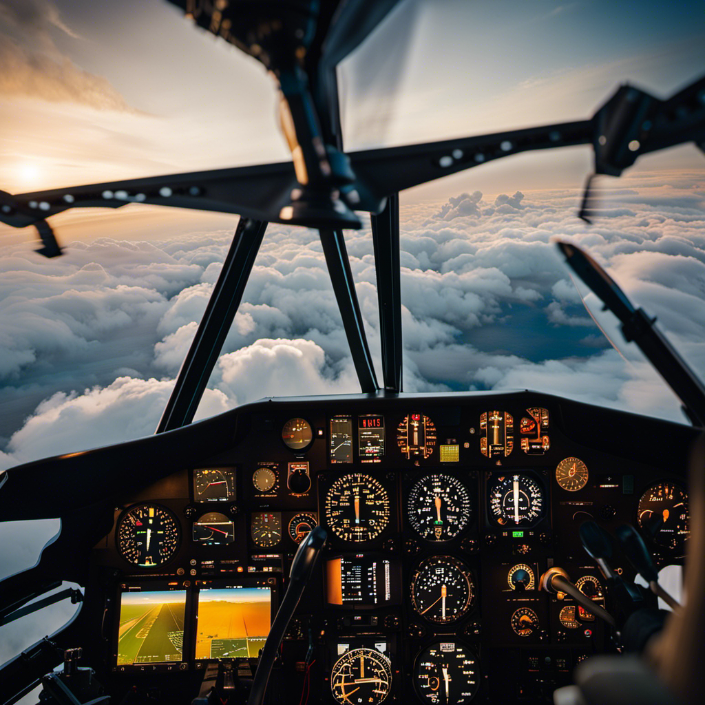 An image capturing the exhilarating intensity of the 14-Day Pilot Flight Academy: A cockpit view reveals determined student pilots, donning headsets, focused on their instruments, as they soar through a cloud-dotted sky