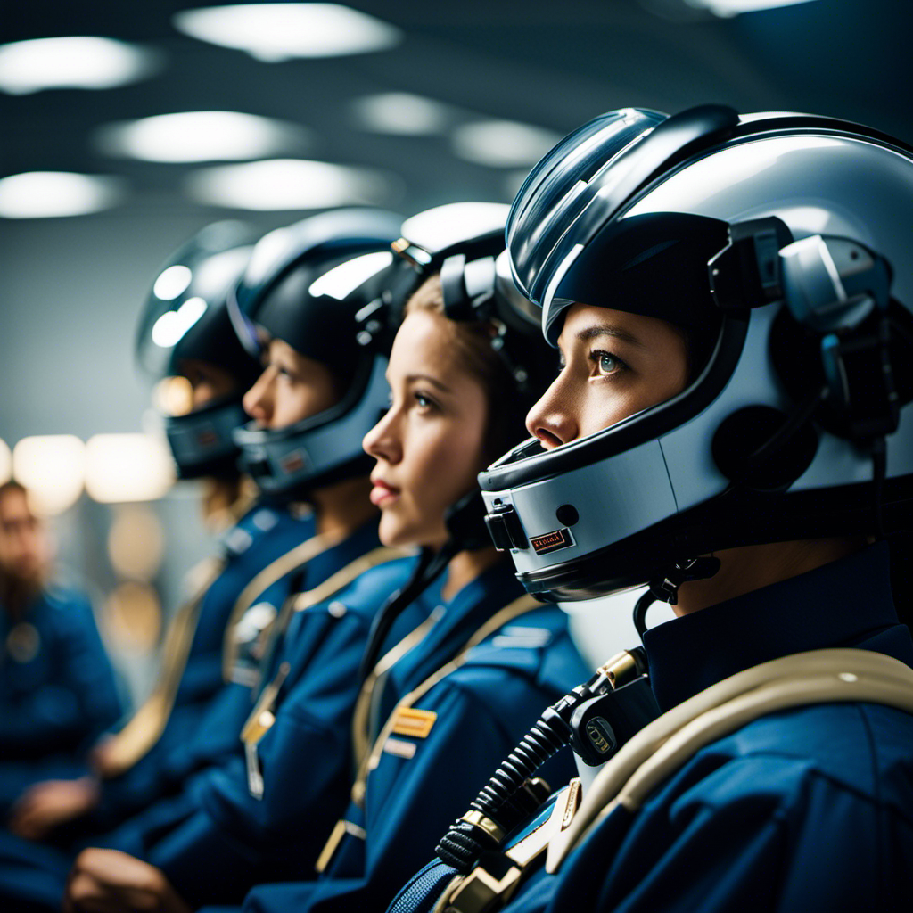 An image showcasing a group of determined aspiring pilots wearing sleek flight suits, immersed in a high-tech flight simulator, surrounded by state-of-the-art aviation equipment, in the buzzing atmosphere of the 14-Day Pilot Flight Academy