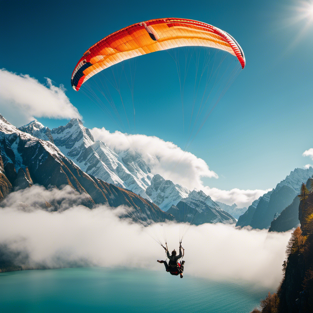 An image capturing the serene beauty of a paraglider suspended in mid-air, soaring through a vivid blue sky