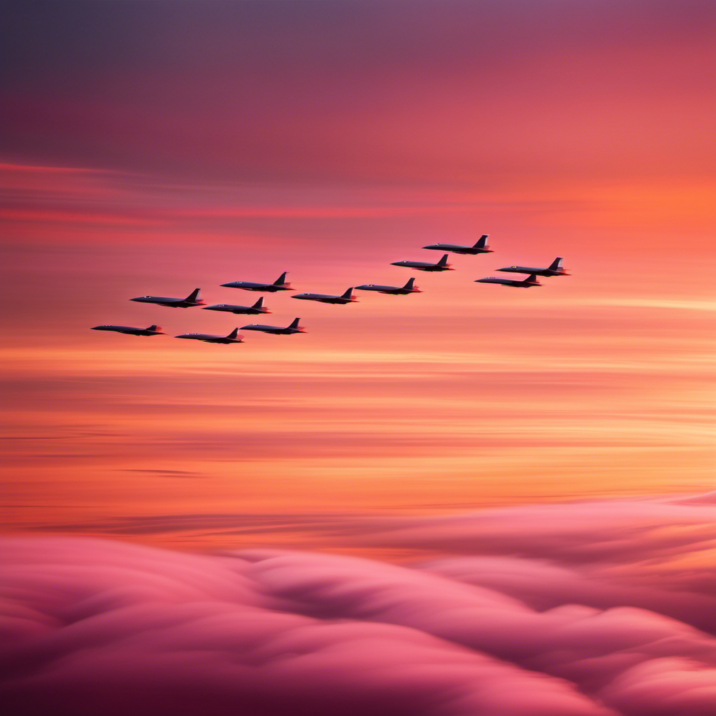An image showcasing a flock of sleek, aerodynamic gliders soaring gracefully through a vibrant orange and pink sunset, their wings reflecting the golden hues while leaving trails of shimmering contrails in their wake