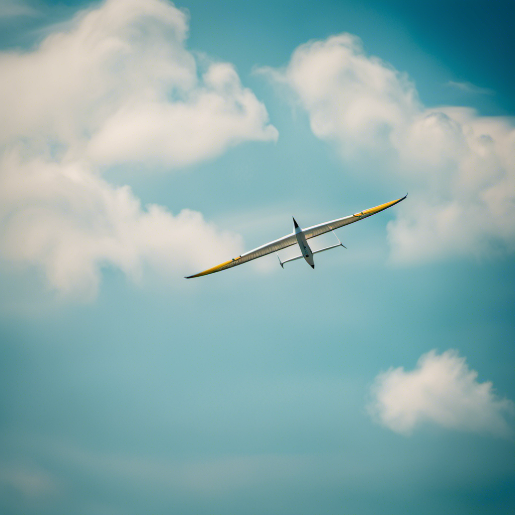 An image depicting a graceful glider soaring effortlessly through a clear blue sky, contrasting its lightweight frame against the dense air, invoking curiosity about the weightlessness of gliders