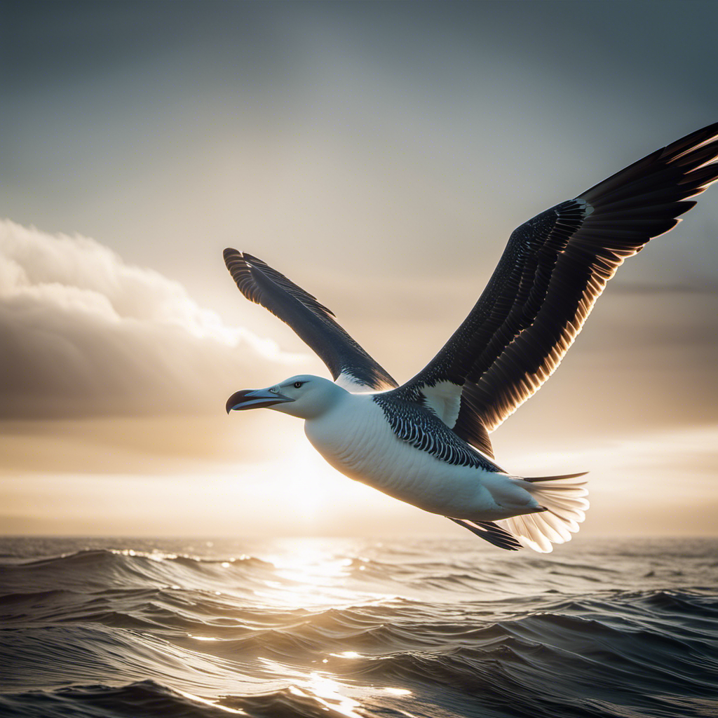 An image showcasing a majestic albatross effortlessly gliding through the vast ocean expanse, its outstretched wings displaying an impressive wingspan, as sunlight glistens upon its sleek feathers, evoking a sense of serene freedom and grace