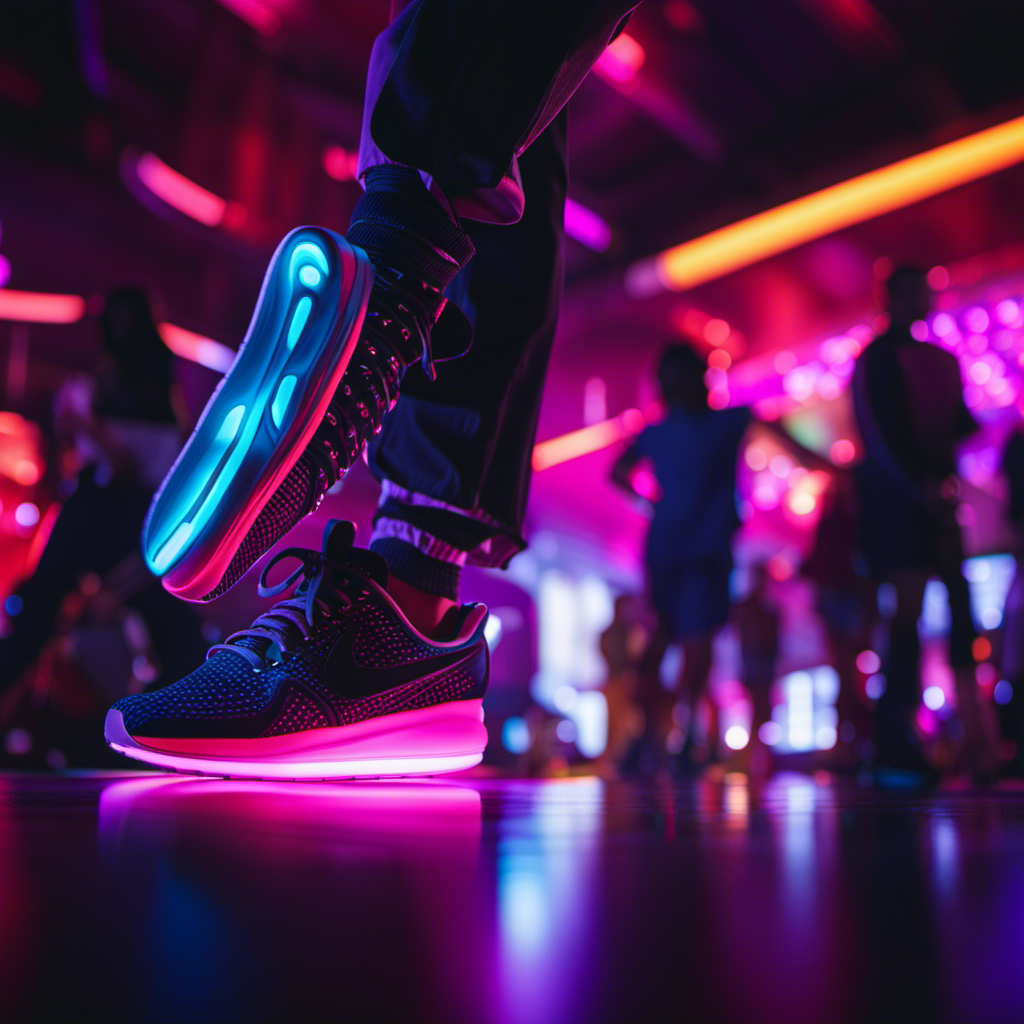 An image capturing a pair of stylish sneakers hovering mid-air, surrounded by vibrant neon lights, as a crowd watches in awe, questioning the meaning of "fly" as a slang word