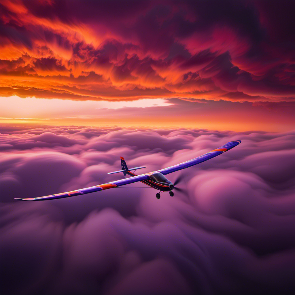 An image showcasing the exhilaration of glider flying: A vibrant sunset paints the sky with hues of fiery orange and purple, casting a warm glow on a glider soaring gracefully amidst billowing clouds, evoking a sense of thrill and freedom
