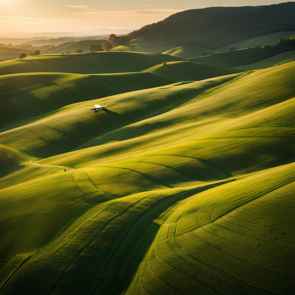 An image showcasing a serene landscape at sunrise, with a small glider gracefully soaring above the rolling hills