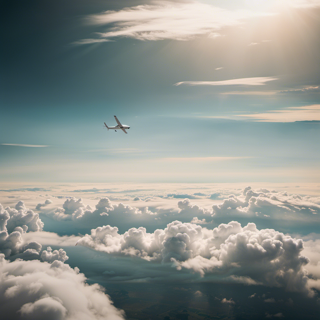 An image showcasing a serene and vast landscape, with a glider gracefully soaring amidst fluffy white clouds, demonstrating the tranquility and freedom of gliding as a safe and captivating sport
