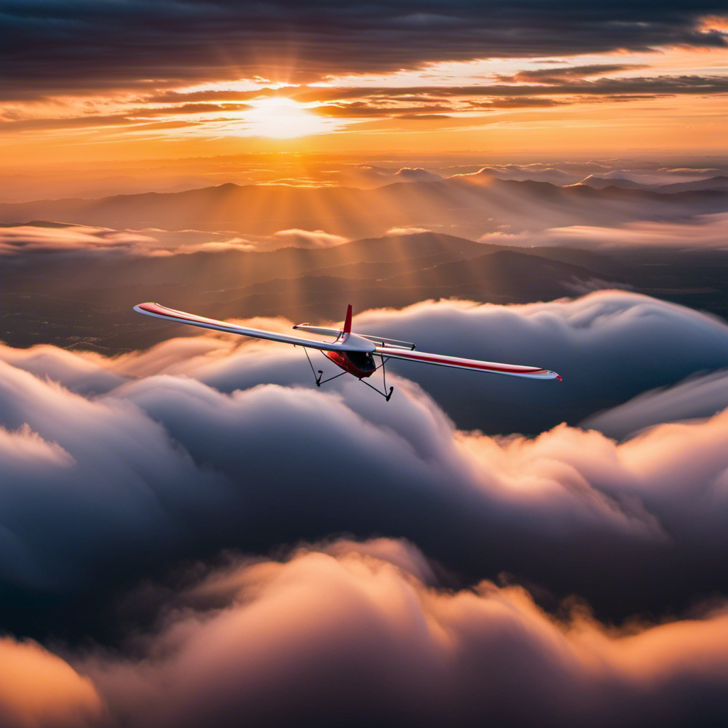 An image showcasing a breathtaking aerial view of a glider soaring through the clouds amidst a vibrant sunset, evoking a sense of exhilaration and thrill in the serene yet adventurous sport of gliding