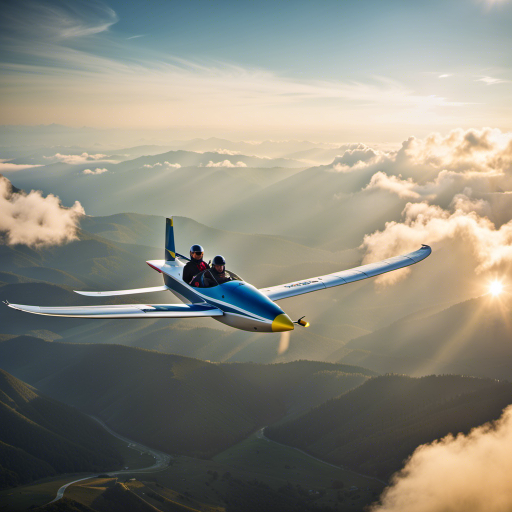 An image showcasing the adrenaline-fueled world of gliding: a daring pilot, clad in a vibrant jumpsuit, gracefully soaring through the sky, with sunlight glinting off their sleek glider as they navigate breathtaking dips and turns