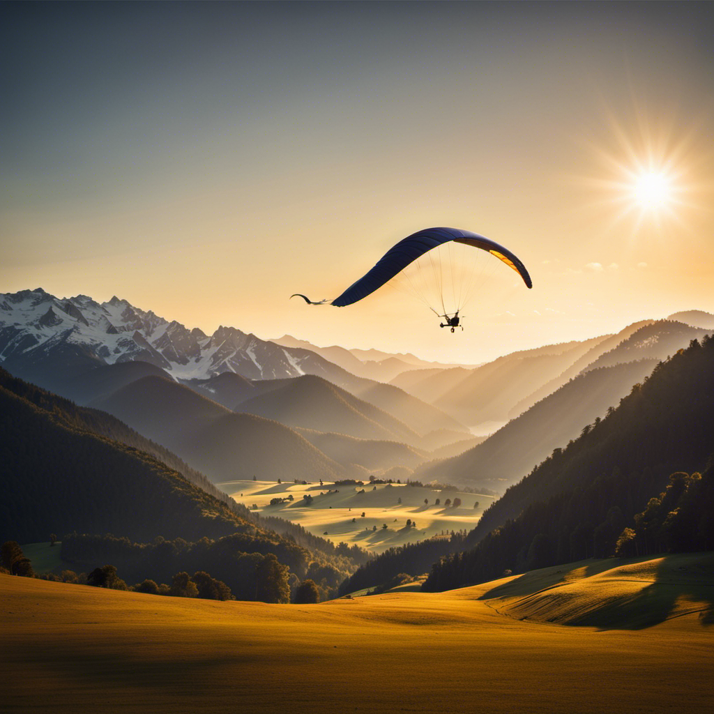 An image that showcases a serene glider soaring gracefully amidst a backdrop of picturesque mountains, with the sun casting a warm golden glow on the landscape, evoking a sense of freedom, adventure, and the question of affordability