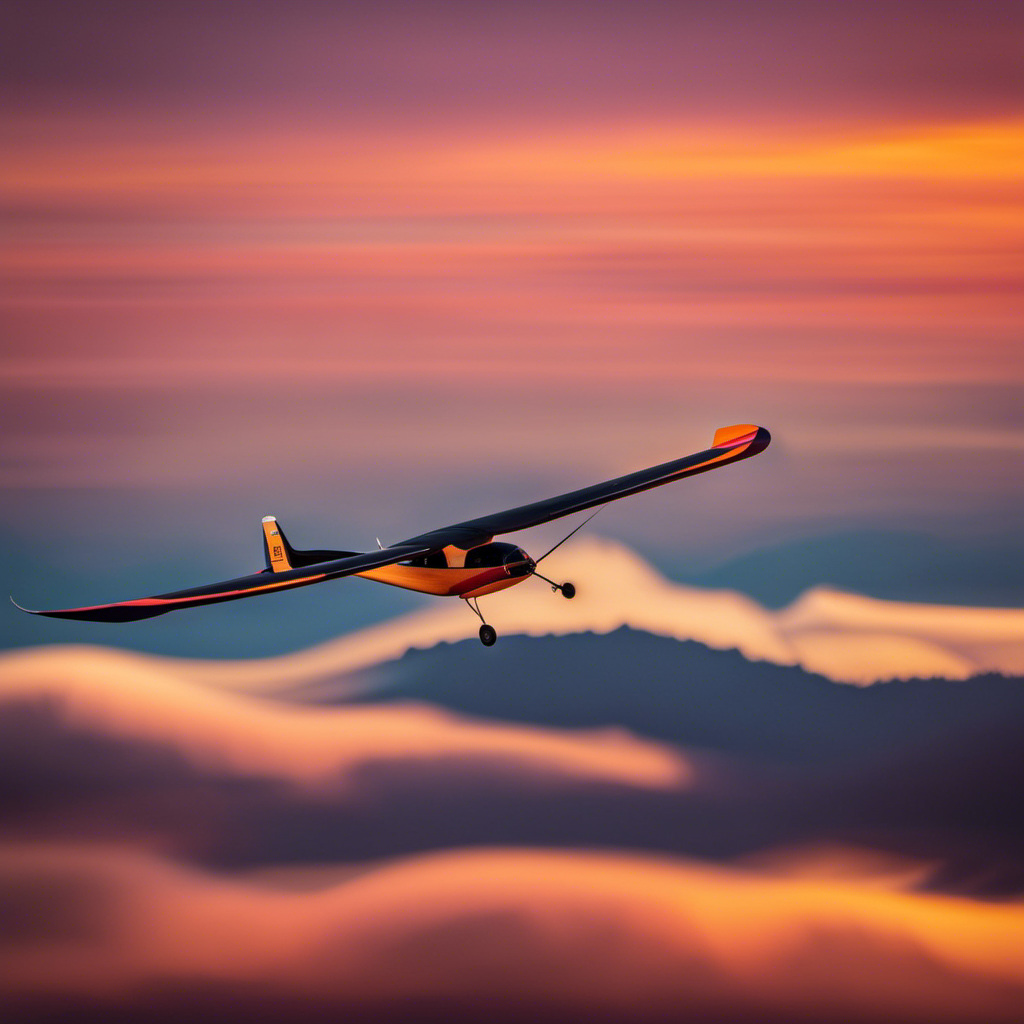 An image capturing the graceful silhouette of a glider soaring through the sky, its wings outstretched in perfect harmony with the wind, while the radiant sunset paints a vivid palette of warm hues on the horizon