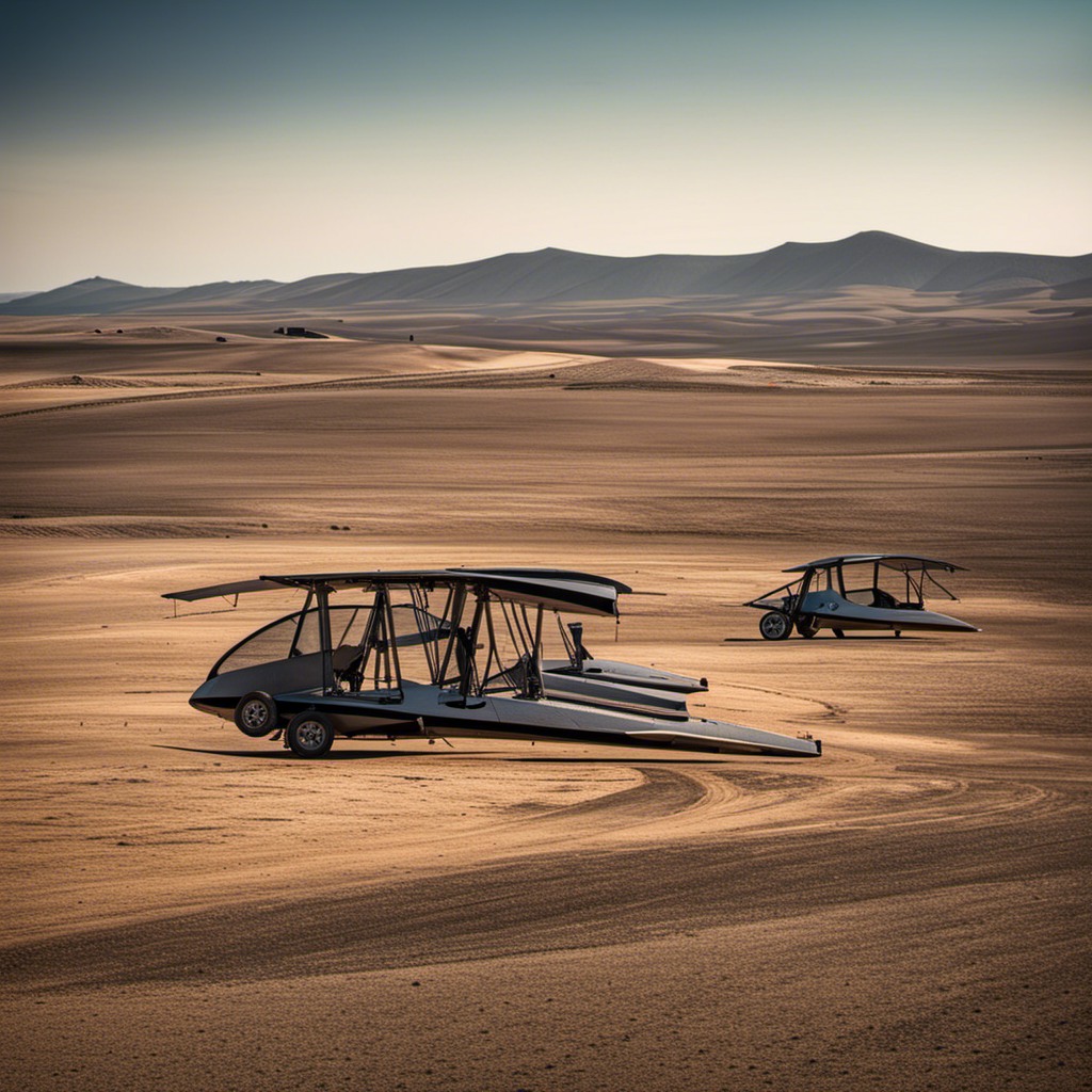 An image capturing the essence of a deserted hang glider launch site, with dilapidated equipment scattered across the barren landscape