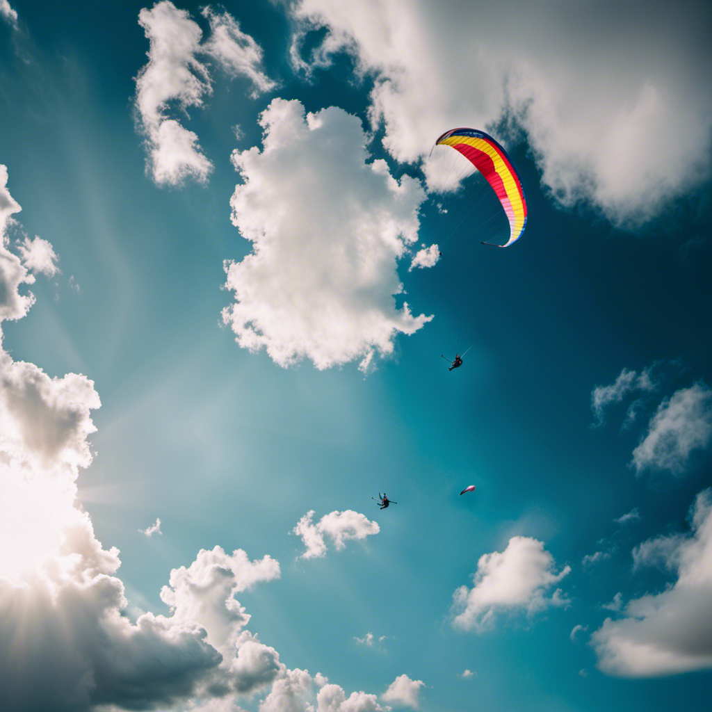 An image showcasing a vibrant sky with hang gliders soaring gracefully amidst fluffy clouds, their colorful wings contrasting against the deep blue backdrop