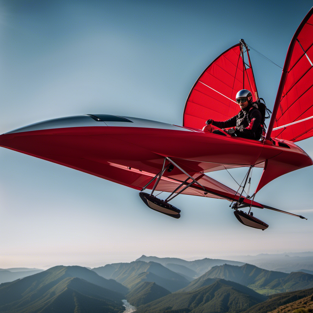 the thrilling essence of hang gliding: a daredevil enthusiast, clad in a vibrant red jumpsuit, soaring effortlessly through an azure sky, suspended by a sleek, aerodynamic glider, surrounded by breathtaking mountainous landscapes