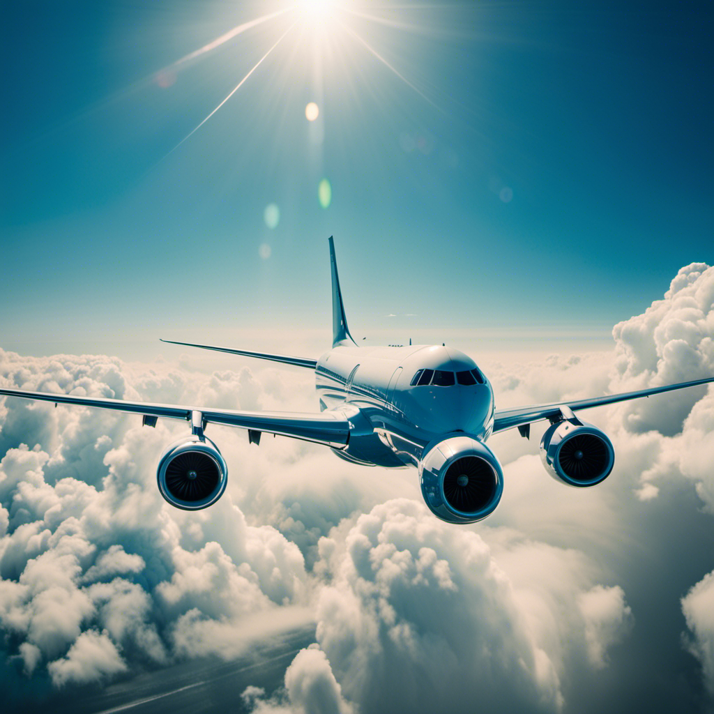 An image showcasing a majestic airplane soaring through a vibrant blue sky, its powerful engines propelling it forward while fluffy white clouds surround it, sparking a debate between airplane enthusiasts and dreamers alike
