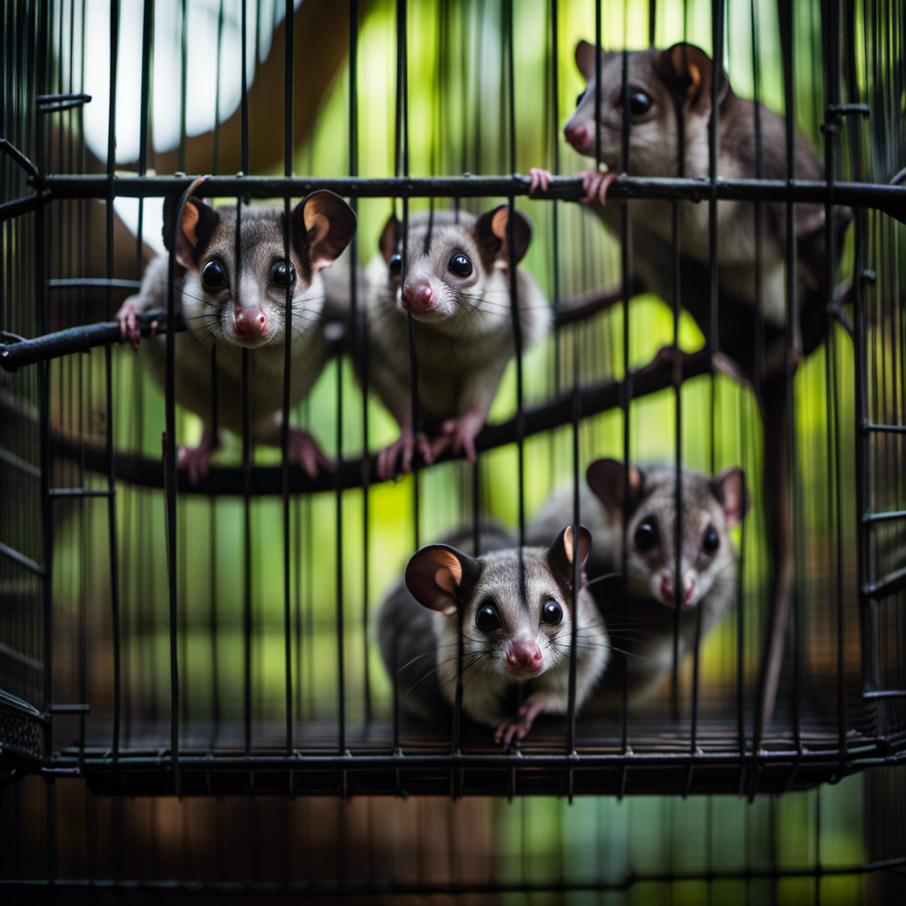 An image of a small, dimly lit cage with sugar gliders huddled together, their wide eyes reflecting fear