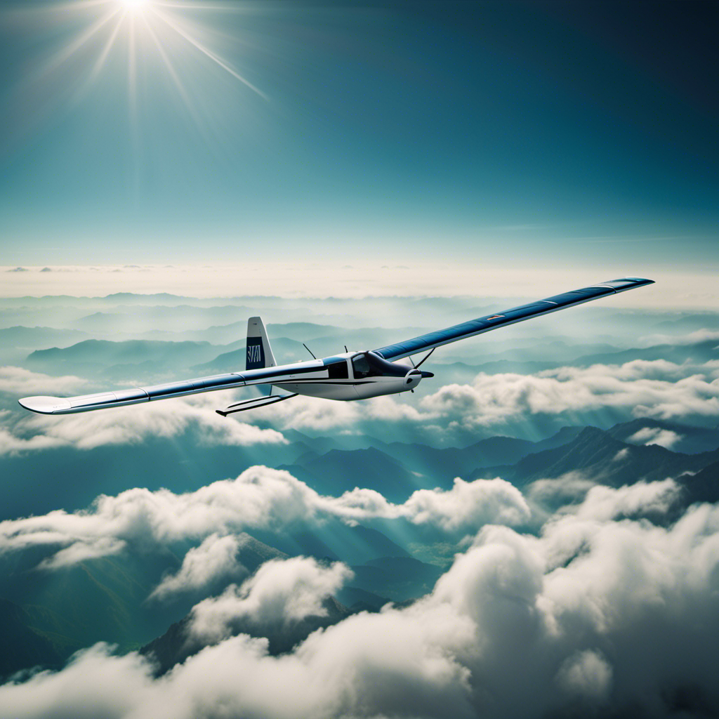An image depicting a glider soaring gracefully through the azure sky, with a skilled pilot effortlessly maneuvering the controls amidst the backdrop of picturesque mountains and scattered fluffy white clouds