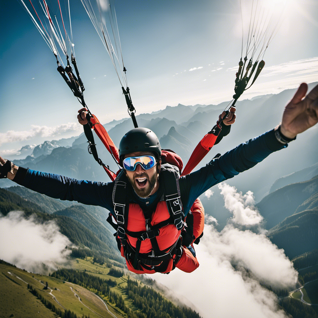An image for a blog post about paragliding, depicting a person suspended mid-air, their face filled with exhilaration and awe, as they soar above breathtaking mountain peaks, surrounded by vast, endless skies