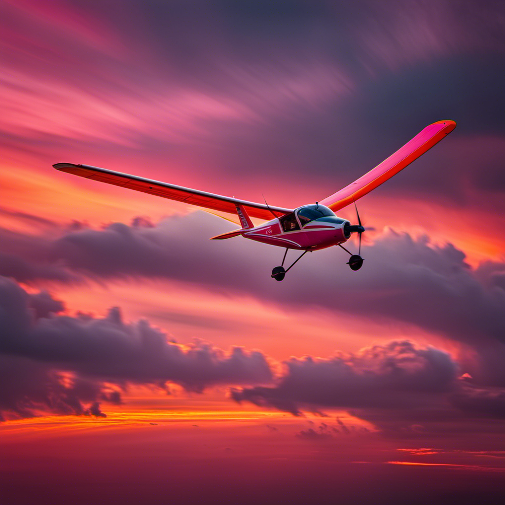 Rizing image of a glider soaring through the vibrant orange and pink hues of a sunset-drenched sky, capturing the exhilarating freedom and serenity of gliding amidst the clouds