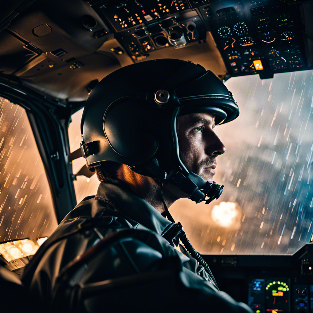 An image showcasing the intense atmosphere of a pilot's cockpit during a thunderstorm: a focused pilot, hands gripping the controls, illuminated by flashes of lightning, while raindrops streak across the windshield, conveying the immense stress and responsibility of their job