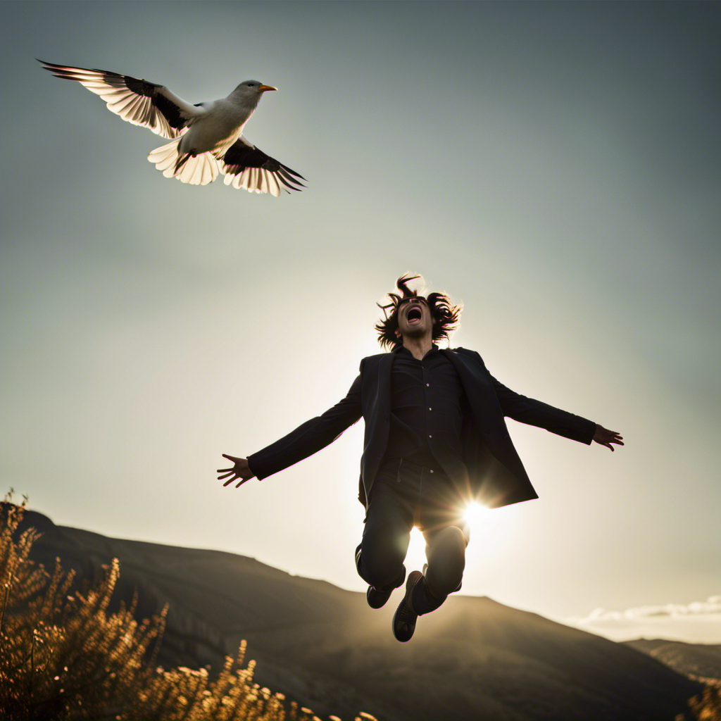 An image featuring a person free-falling from the sky, arms wide open, with a look of exhilaration on their face, while a bird soars gracefully in the opposite direction, capturing the contrasting emotions of soaring and falling