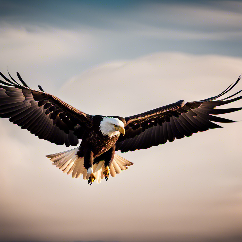 An image capturing a majestic bald eagle gliding effortlessly through the sky, wings outstretched and tail feathers spread, showcasing the subtle differences between soaring and flying